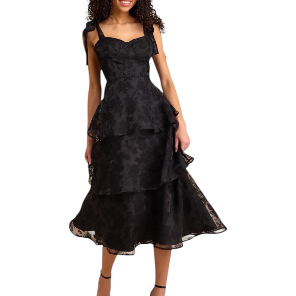 NWT Lulus Glamorous Sweetie Black Burnout Tie-Strap Bustier Midi Dress Size XL